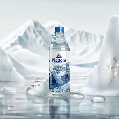 Uma garrafa de água em frente às montanhas nevadas