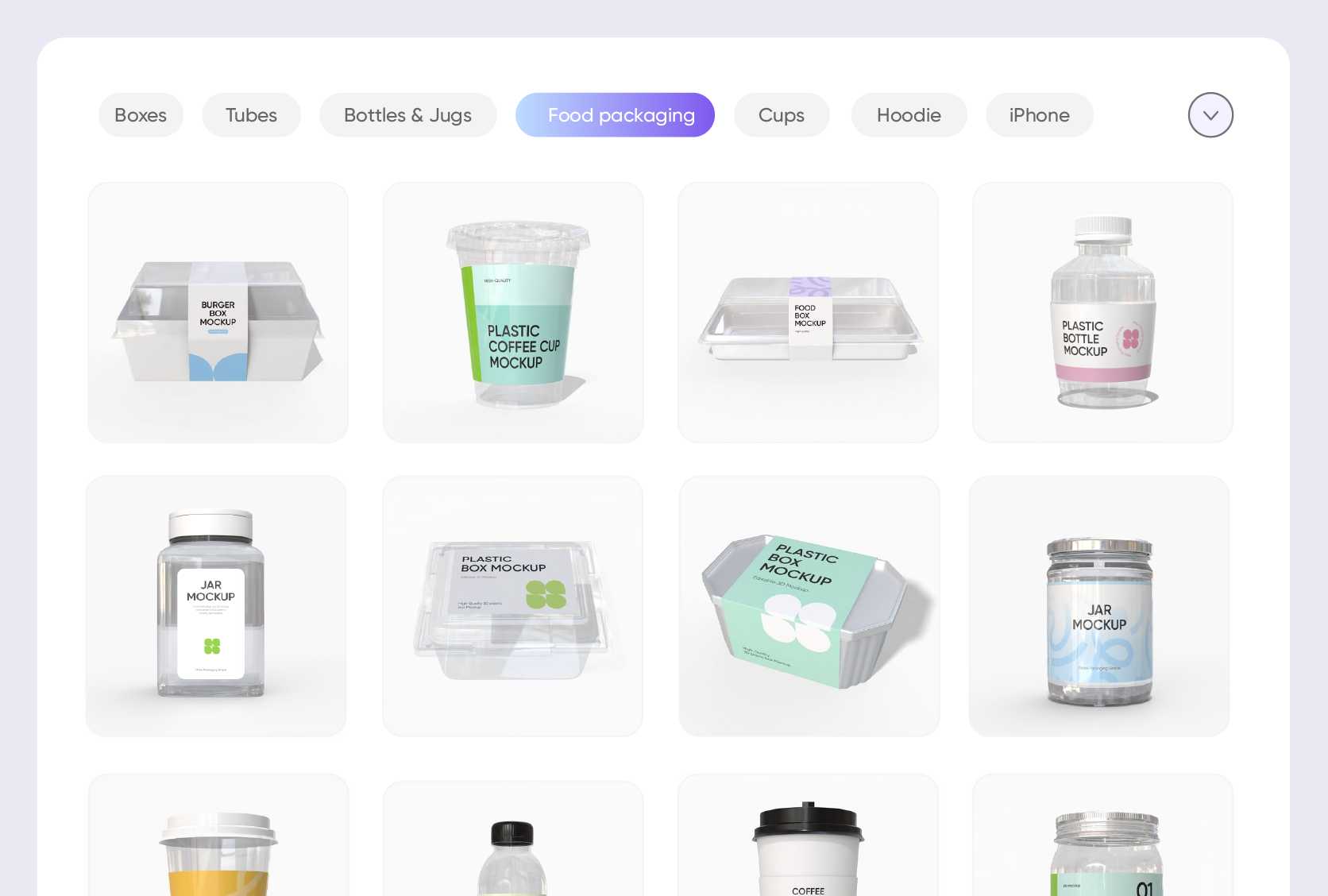 Vollständige Abdeckung aller Lebensmittelverpackungs-Mockup-Kategorien