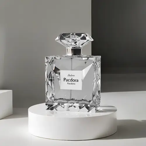 Um frasco de perfume no suporte.