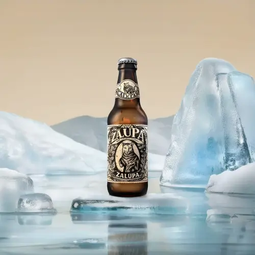Uma garrafa de cerveja em frente a uma geleira