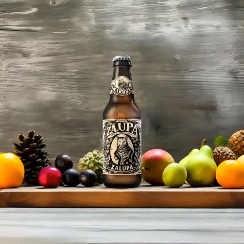 Uma garrafa de cerveja rodeada de fruta
